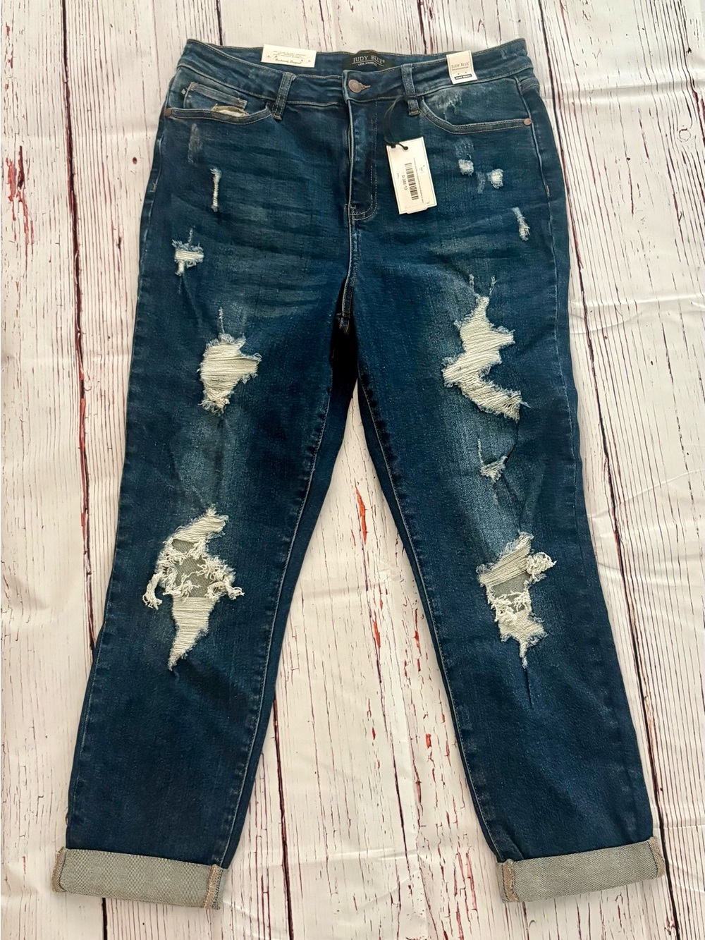 Judy Blue Dark Blue Distressed Rolled Cuff Boyfriend Jeans